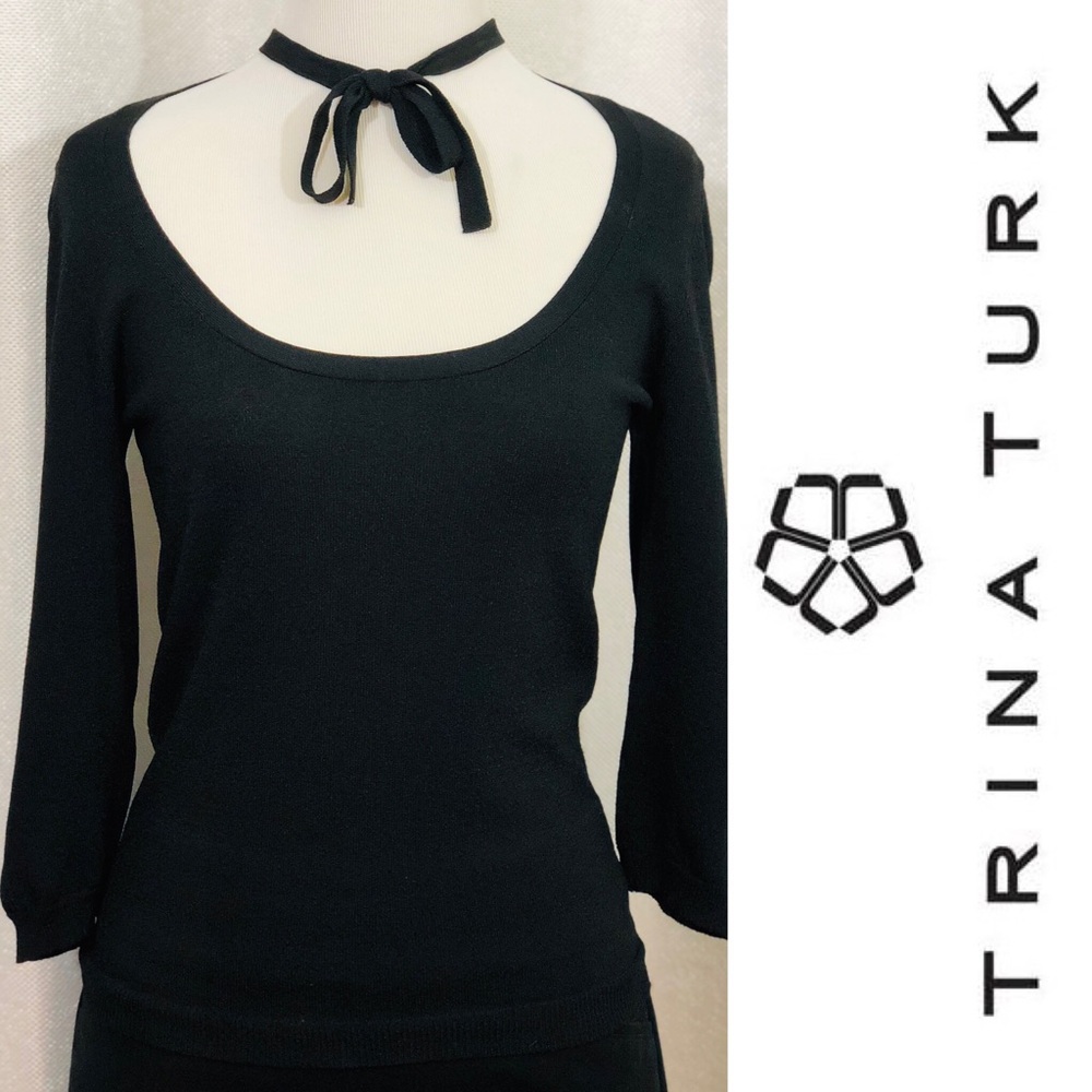 TRINA TURK Long Sleeve Black Top with Choker Tie